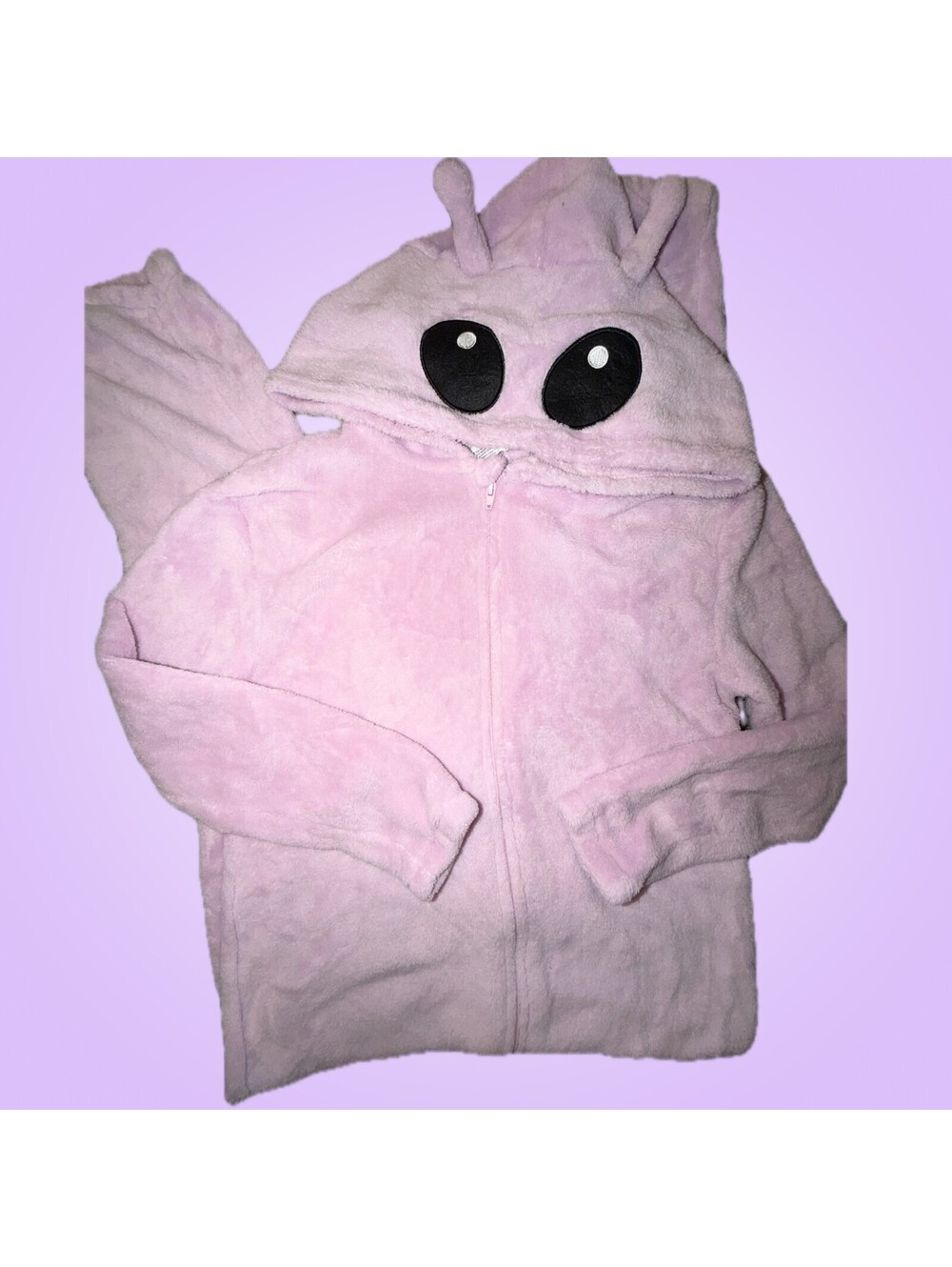 H&M Girls Size 8/10 Pink Alien Plush Fleece Zip-Up Hooded Jacket